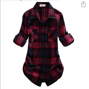 Red and navy plaid button up shirt